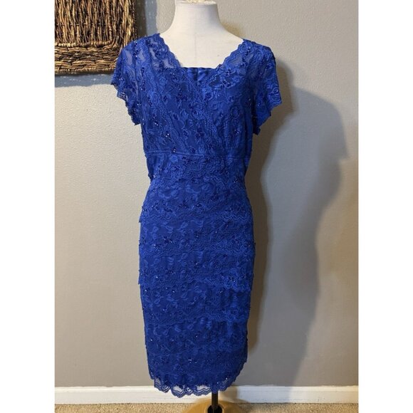 Marina Dress 16 Blue Stretch Lace Wedding Party Cruise V Neck Short Sleeve - Picture 4 of 11